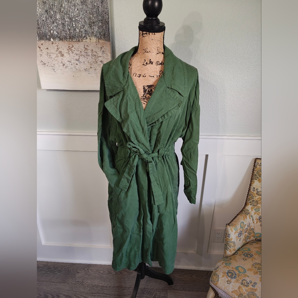 Zara Basic Outerwear Forest Green Belted Trench C… - image 1